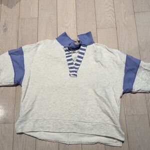 BUCKETLIST Cream & Blue Striped V-Notch Mock Neck Sweatshirt